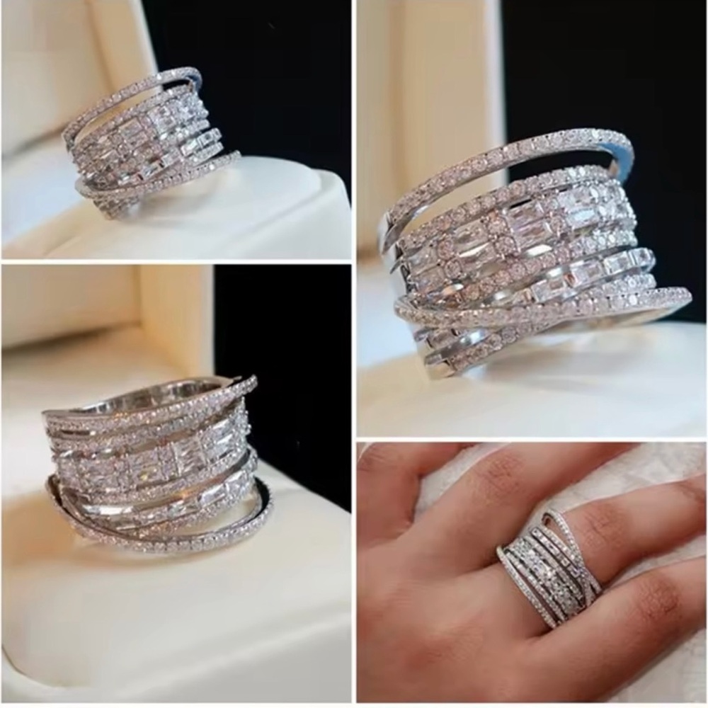 Elegant Multi-Row Silver Cubic Zirconia Wrap Ring - Silver